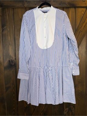Polo Ralph Lauren Striped Bib-Front Poplin Dress Preppy Chic Tuxedo Dress Sz 14